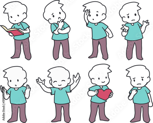 Diverse Boy Gestures and Expressions Vector Art. Perfect for educational materials, children books, digital content, or any project needing diverse expressions.