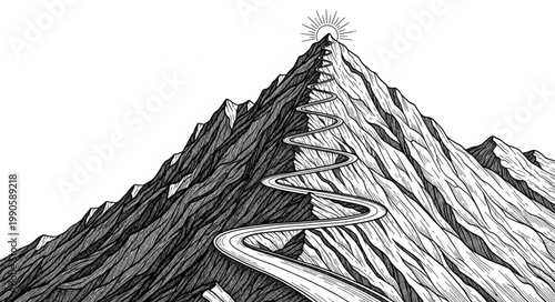 Mountain peak with winding road leading to success.