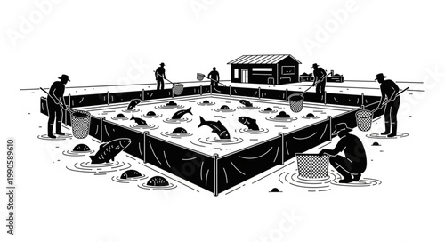 Aquaculture Fish Farming Illustration.