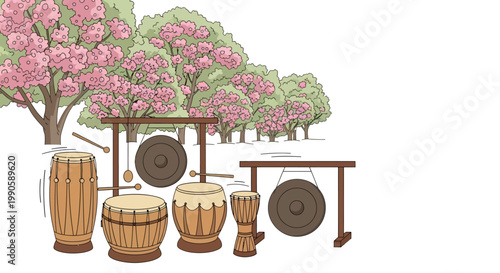 drums and gongs under blooming cherry blossom trees
