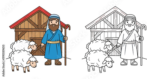 Cartoon Shepherd with Sheep and Barn Illustration Colored and Line Art Coloring Page for Kids
