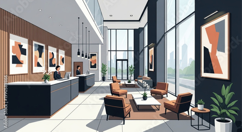 Modern Hotel Lobby Interior Design With Large Windows.