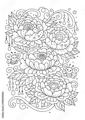 Coloring page with flowers and butterflies. Art therapy. Black and white illustration for coloring.