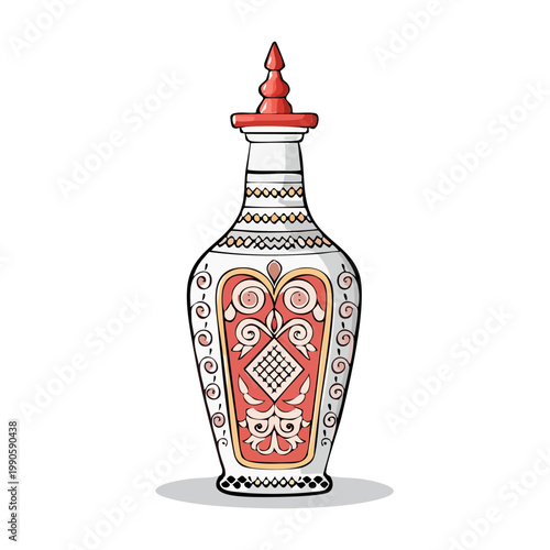 Ornate Ceramic Bottle with Intricate Decorative Patterns and Red Cap