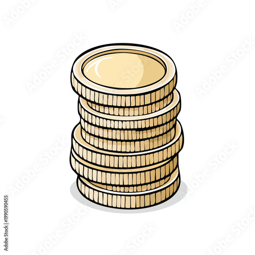 Stack of golden coins with detailed edges and shiny surfaces, illustration