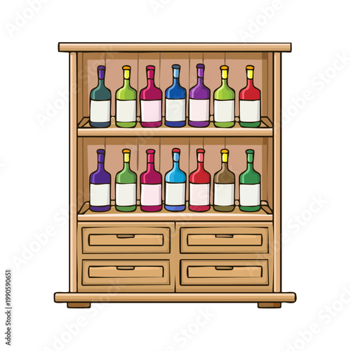 Wooden cabinet displaying a colorful assortment of wine bottles on shelves and drawers for storage