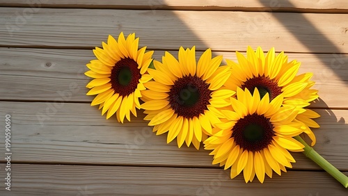 Sunflowers arranged on weathered wood, their bright yellow petals contrasting with natural textures under sunlight. 