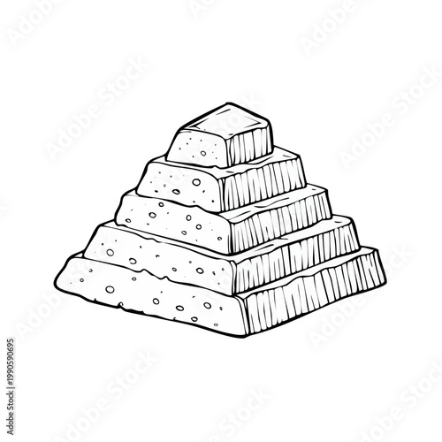Hand drawn sketch of a stepped pyramid structure with textured stone blocks and a rough surface