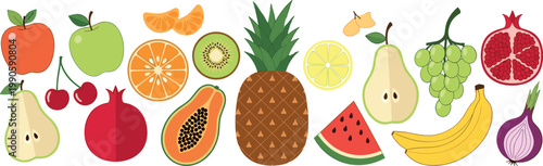 Colorful fresh fruits collection vector illustration including apple orange pineapple banana grapes watermelon kiwi and tropical healthy food set