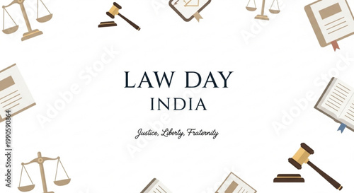 Law Day India celebration with justice scales and gavel icons representing legal system and constitution ideal for informational graphics and educational content