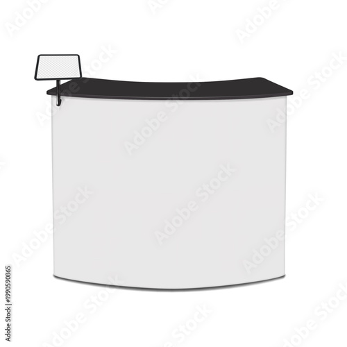 Tradeshow counter stand with ipad clamp. Realistic 3d vector mockup. Blank white exhibition promotional table for brand design with digital tablet holder. Mock-up. Portable trade show desk. Template