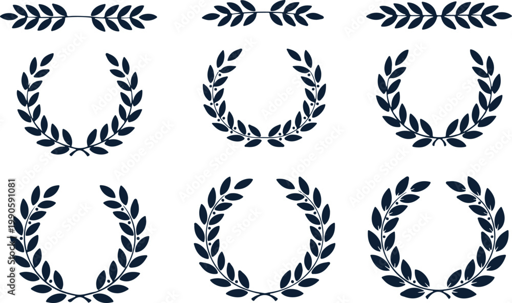 Obraz premium Collection of dark blue laurel wreaths and decorative branch borders on a white background, representing achievement and tradition