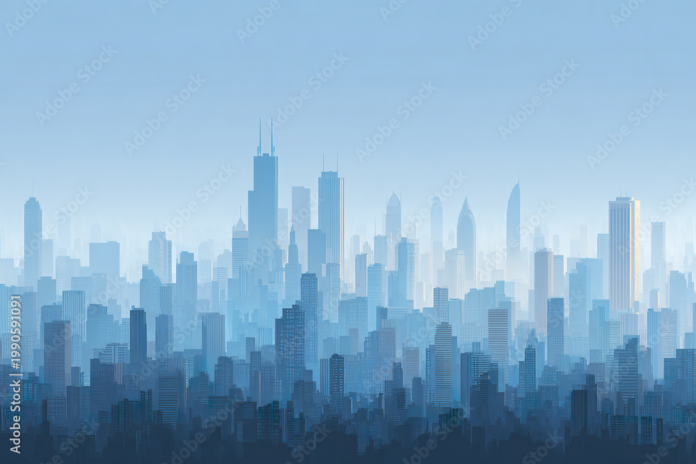 Fototapeta premium Minimal flat city skyline silhouette in layered blue shades with various skyscraper shapes and heights creating calm urban atmosphere under clear sky