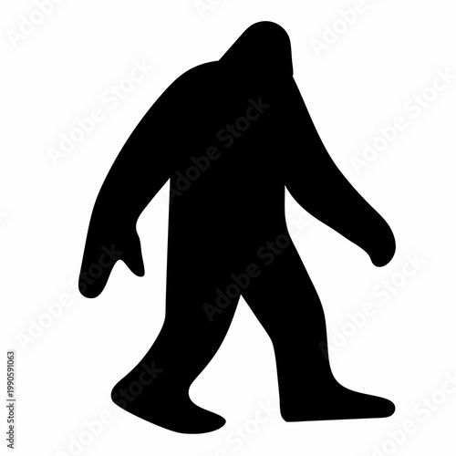 A minimalist illustration of a black silhouette of a Sasquatch walking