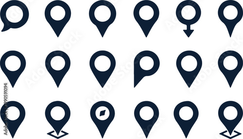 Collection of dark blue location pin with varied on a white background, marker navigation
