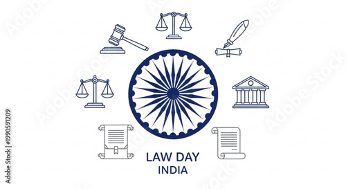 Law Day India concept with Ashoka Chakra scales of justice gavel courthouse and scrolls vector illustration for legal and justice themes