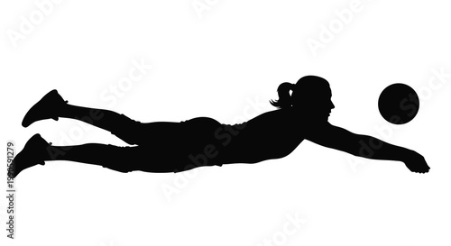 Female athlete diving for a ball in dynamic pose silhouette