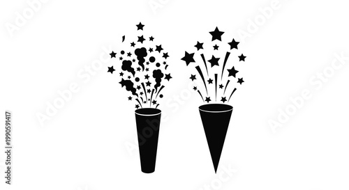 Two party poppers bursting with stars a black silhouette