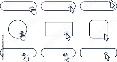 Collection of nine outline depicting various button shapes and cursor actions, including clicks and touches