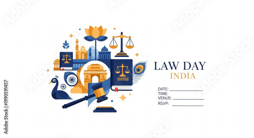 Indian Law Day celebration with symbolic icons representing justice and legal system ideal for informational graphics and national awareness campaigns
