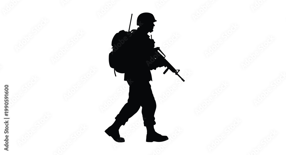 Obraz premium Soldier walking with gear a striking black silhouette