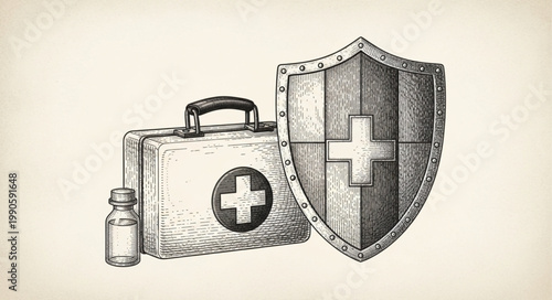 Medical First Aid Kit and Shield with Cross Symbol.