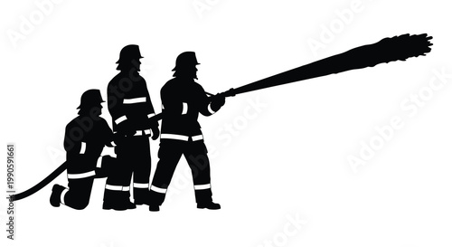 Firefighters battling a blaze with a hose dramatic black silhouette