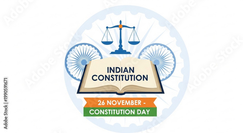 Indian Constitution Day celebration open book with scales of justice and Ashoka Chakra wheels vector illustration for legal and national holidays