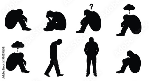 Depressed people in various poses exhibiting emotional distress silhouette
