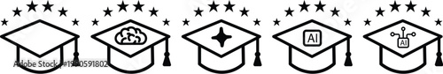 Graduation cap icons with education symbols. The clean, uniform line weight and high-contrast design make these icons perfect for digital badges, online course certifications, or educational platform.