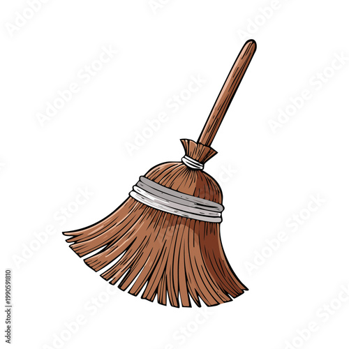 Cartoon Illustration of a Wooden Broom Sweeping Tool