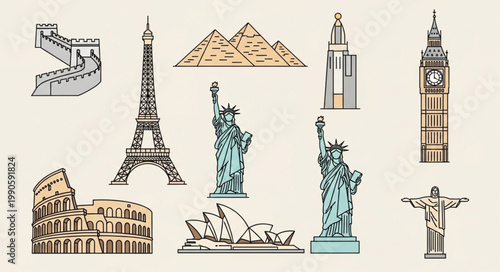 Collection of Famous World Landmarks and Monuments.