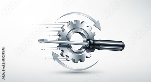 Mechanical Gear with Screwdriver and Arrows Symbolizing Speed.