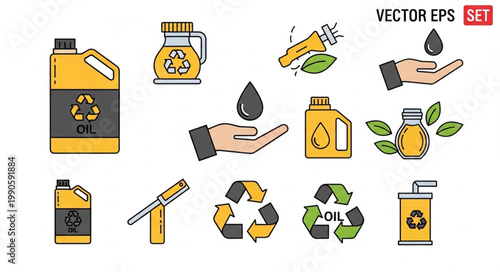 Set of icons representing liquid fuel and recycling symbols.