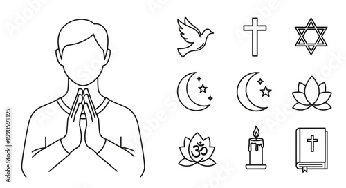 Man praying with various religious symbols illustration.