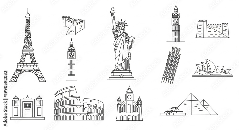 Obraz premium Collection of famous world landmarks in sketch style.