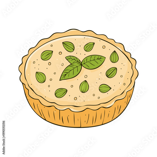 Hand drawn illustration of a delicious savory tart with herbs and green seeds topping