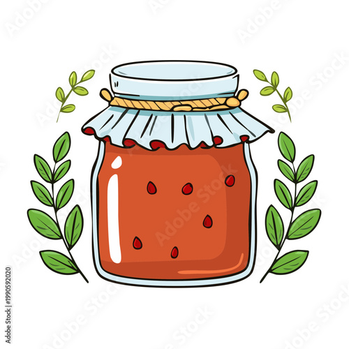 Hand drawn jar filled with delicious berry jam tied with rope and decorated with green leaves