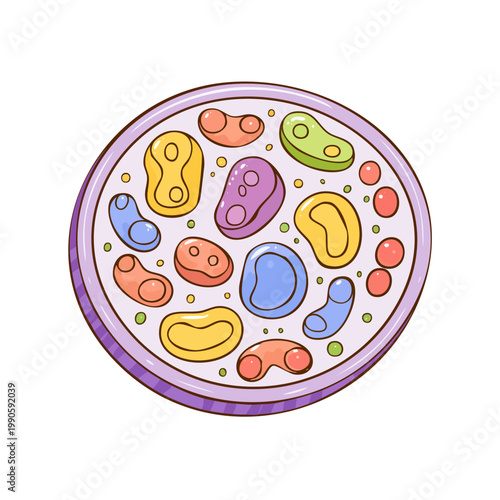 Colorful cartoon petri dish filled with diverse microorganisms and cells for science or biology illustration