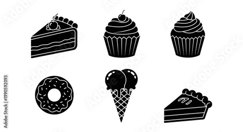 Collection of sweet dessert icons in black and white.