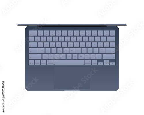 Photorealistic detailed blue notebook mockup. Front view of opened notebook with keyboard isolated on transparent background. Vector PNG
