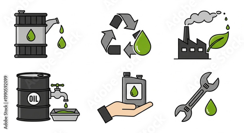 Set of icons representing oil industry and recycling concepts.
