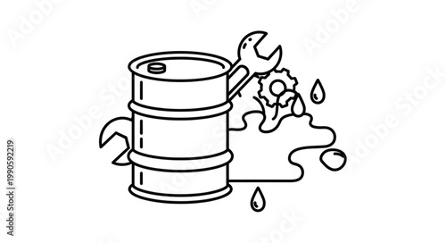 Industrial Barrel with Wrench and Oil Spills.