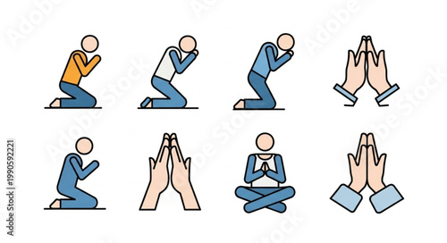 Diverse people praying in different poses and styles.