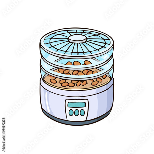 Hand drawn illustration of a compact food dehydrator with food trays filled with ingredients