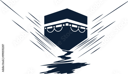 Dark blue kaaba with motion lines, white accents