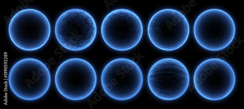 Abstract 3D dotted sphere with glowing particles. Futuristic virtual reality globe, digital data ball, high poly dot mesh spheres. Vector set