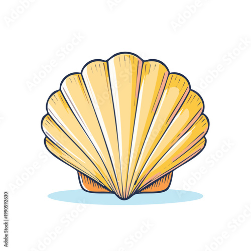 Hand drawn illustration of a single yellow scallop seashell with radiating lines and a subtle blue shadow