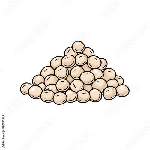 Pile of round light brown soybeans on a white background, illustration, healthy food ingredient