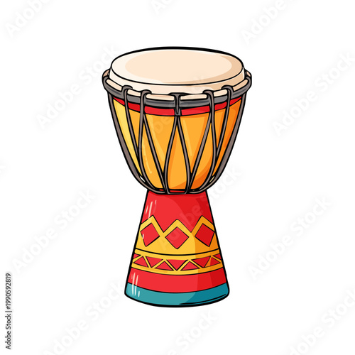 Vibrant African Djembe Drum with Traditional Colorful Patterns and Natural Skin Head